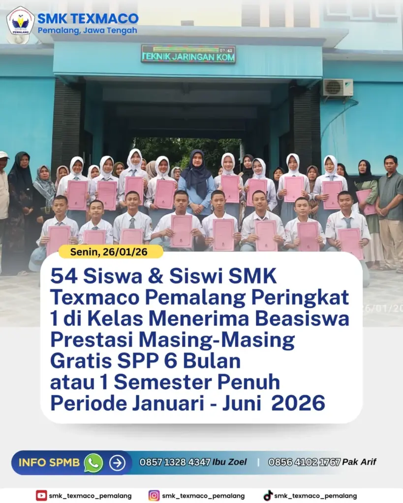SMK Texmaco Pemalang Kembali Salurkan Beasiswa Gratis SPP kepada 54 Siswa Berprestasi